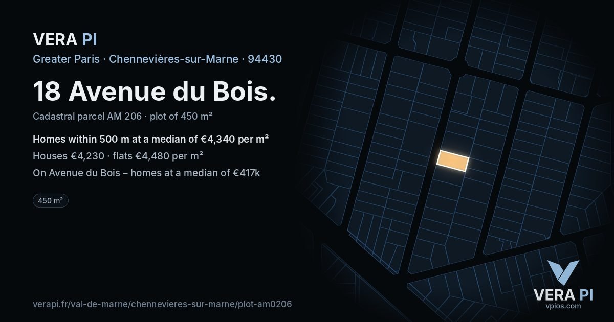 18 Avenue du Bois, Chennevières-sur-Marne at night – the plot lit, the parcels around coloured by the prices near them