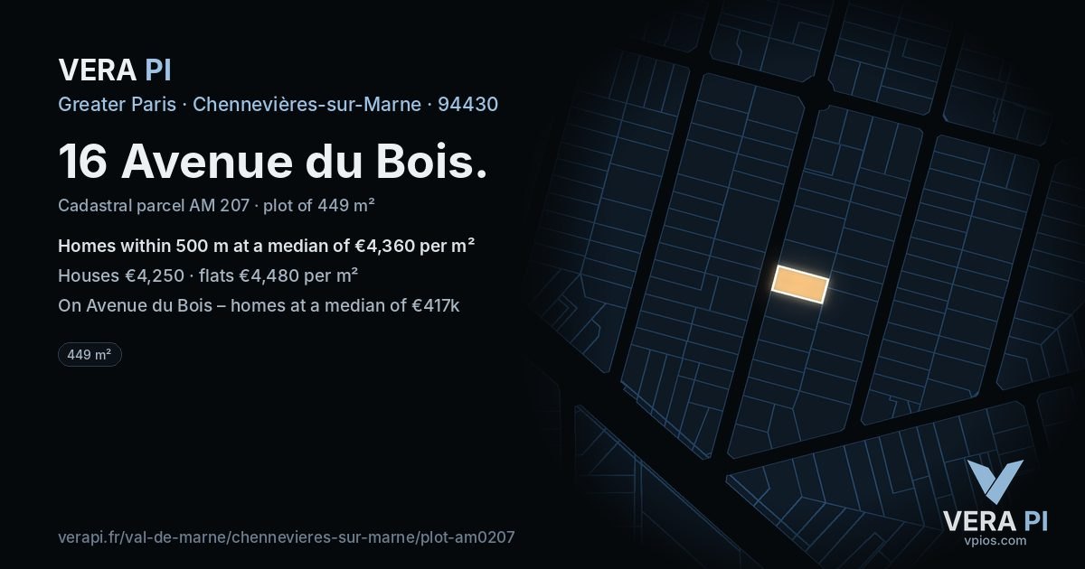 16 Avenue du Bois, Chennevières-sur-Marne at night – the plot lit, the parcels around coloured by the prices near them