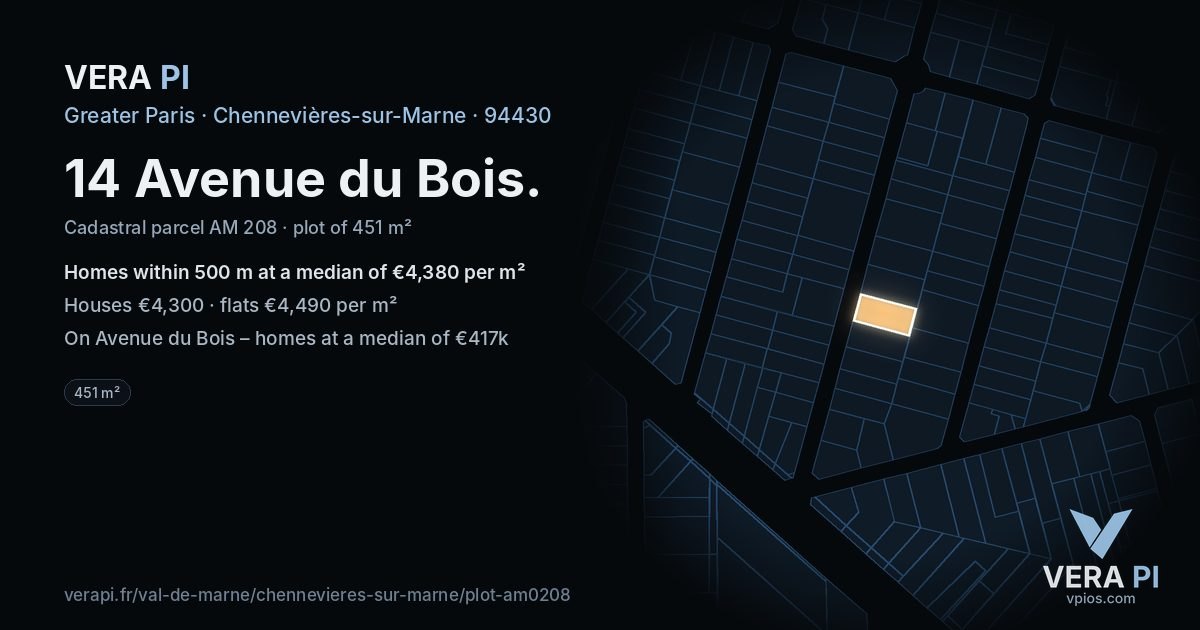 14 Avenue du Bois, Chennevières-sur-Marne at night – the plot lit, the parcels around coloured by the prices near them