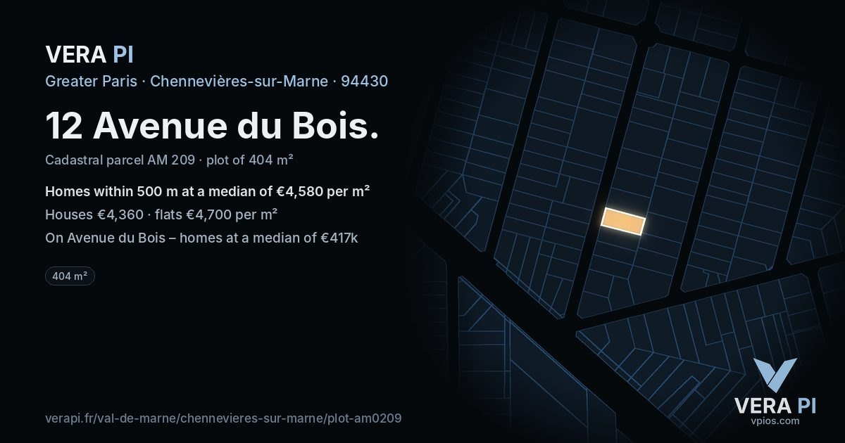 12 Avenue du Bois, Chennevières-sur-Marne at night – the plot lit, the parcels around coloured by the prices near them