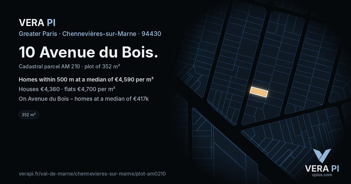 10 Avenue du Bois, Chennevières-sur-Marne at night – the plot lit, the parcels around coloured by the prices near them