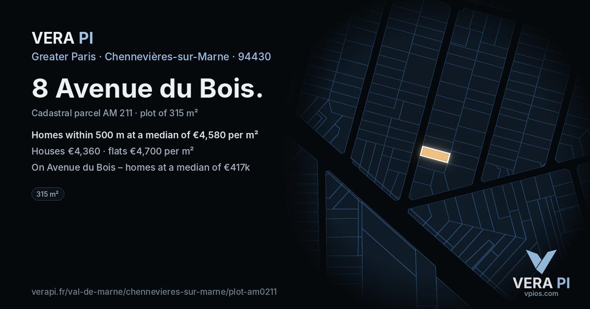 8 Avenue du Bois, Chennevières-sur-Marne at night – the plot lit, the parcels around coloured by the prices near them