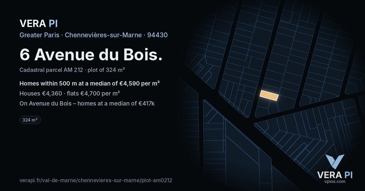 6 Avenue du Bois, Chennevières-sur-Marne at night – the plot lit, the parcels around coloured by the prices near them