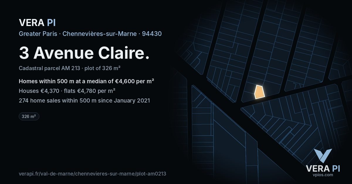 3 Avenue Claire, Chennevières-sur-Marne at night – the plot lit, the parcels around coloured by the prices near them