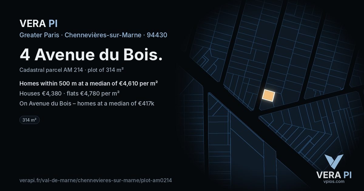 4 Avenue du Bois, Chennevières-sur-Marne at night – the plot lit, the parcels around coloured by the prices near them