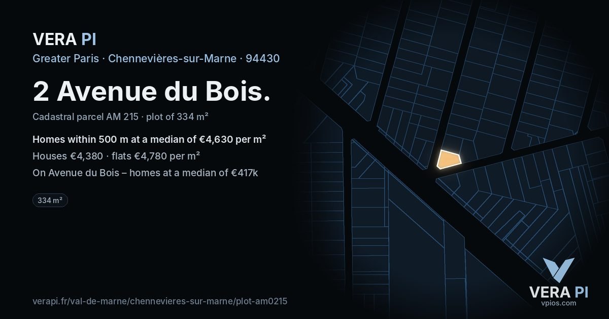 2 Avenue du Bois, Chennevières-sur-Marne at night – the plot lit, the parcels around coloured by the prices near them