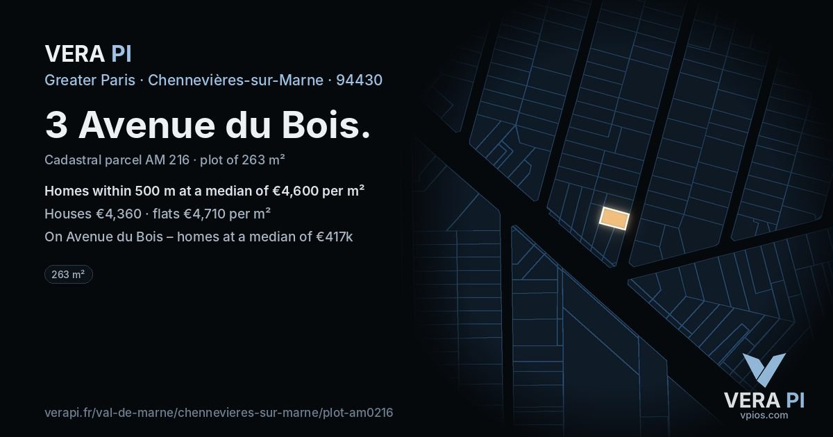 3 Avenue du Bois, Chennevières-sur-Marne at night – the plot lit, the parcels around coloured by the prices near them