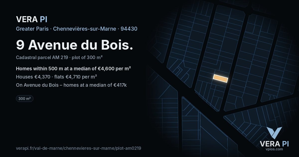 9 Avenue du Bois, Chennevières-sur-Marne at night – the plot lit, the parcels around coloured by the prices near them