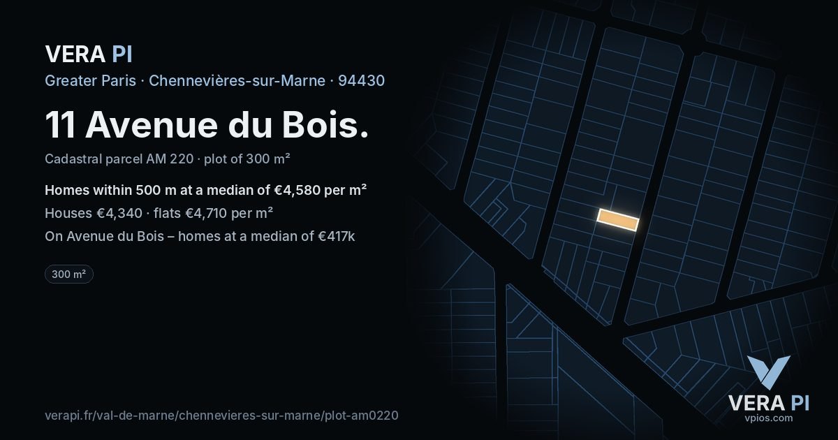 11 Avenue du Bois, Chennevières-sur-Marne at night – the plot lit, the parcels around coloured by the prices near them