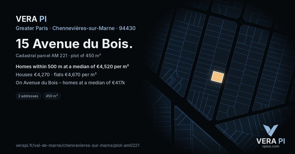 15 Avenue du Bois, Chennevières-sur-Marne at night – the plot lit, the parcels around coloured by the prices near them