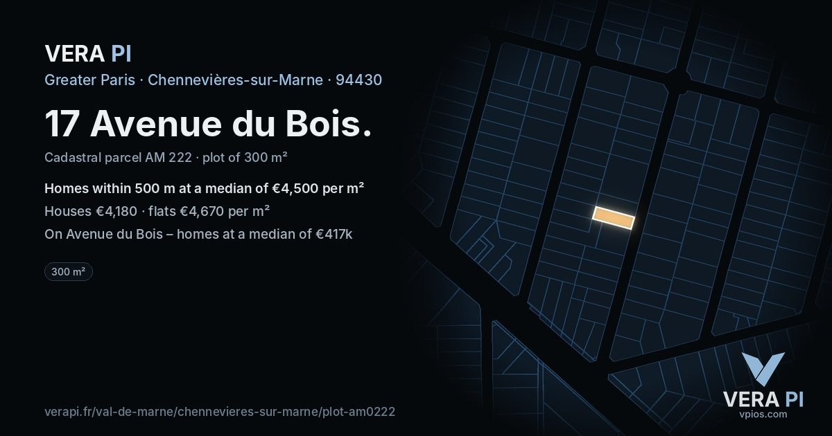 17 Avenue du Bois, Chennevières-sur-Marne at night – the plot lit, the parcels around coloured by the prices near them