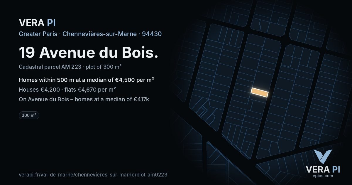 19 Avenue du Bois, Chennevières-sur-Marne at night – the plot lit, the parcels around coloured by the prices near them
