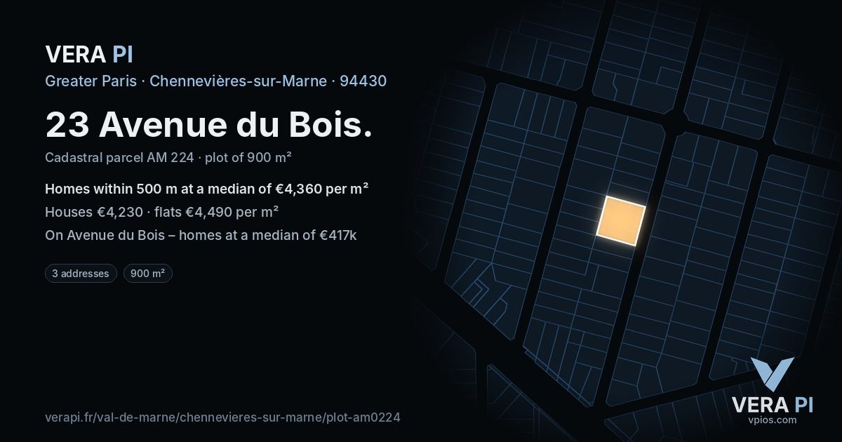 23 Avenue du Bois, Chennevières-sur-Marne at night – the plot lit, the parcels around coloured by the prices near them