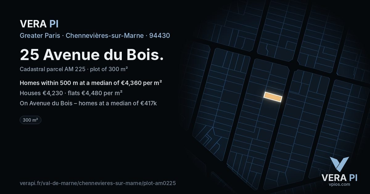 25 Avenue du Bois, Chennevières-sur-Marne at night – the plot lit, the parcels around coloured by the prices near them