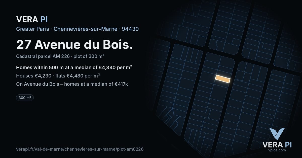 27 Avenue du Bois, Chennevières-sur-Marne at night – the plot lit, the parcels around coloured by the prices near them