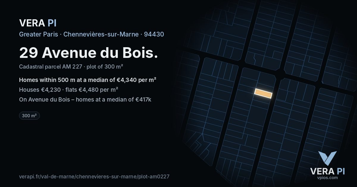 29 Avenue du Bois, Chennevières-sur-Marne at night – the plot lit, the parcels around coloured by the prices near them
