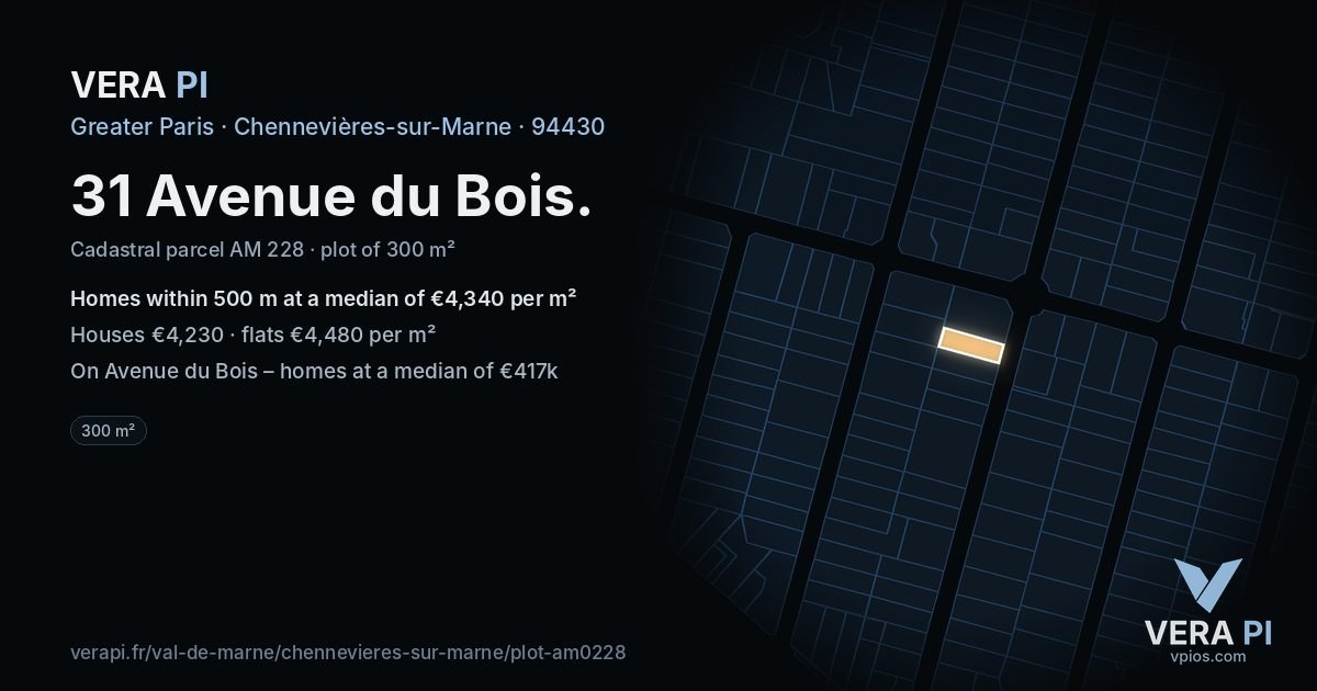 31 Avenue du Bois, Chennevières-sur-Marne at night – the plot lit, the parcels around coloured by the prices near them