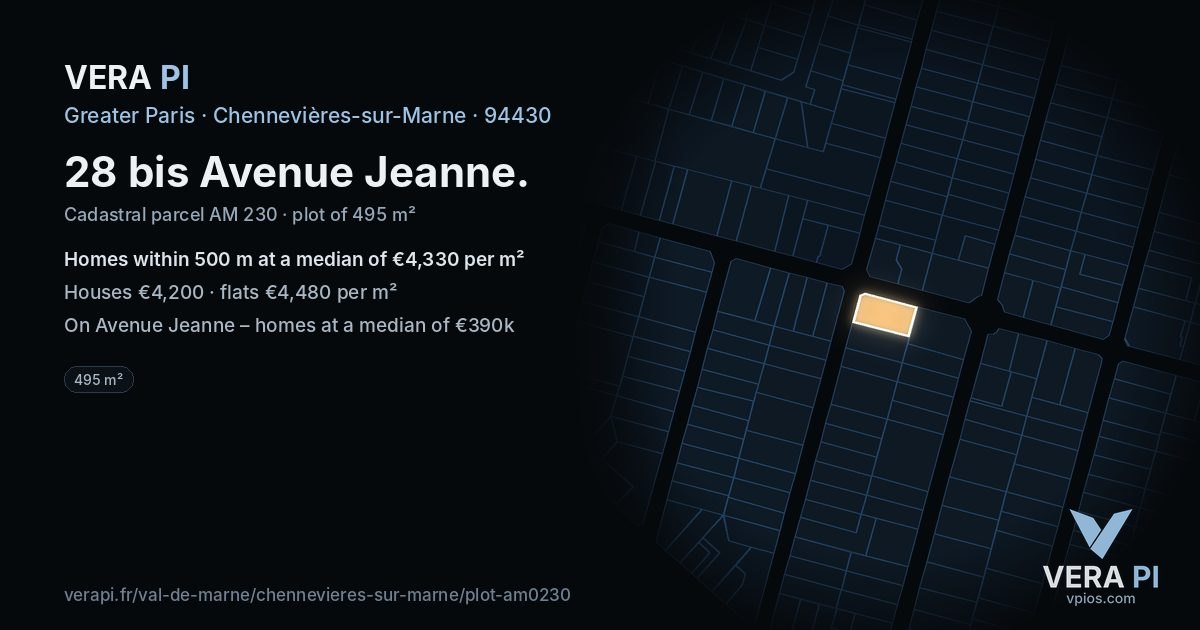 28 bis Avenue Jeanne, Chennevières-sur-Marne at night – the plot lit, the parcels around coloured by the prices near them