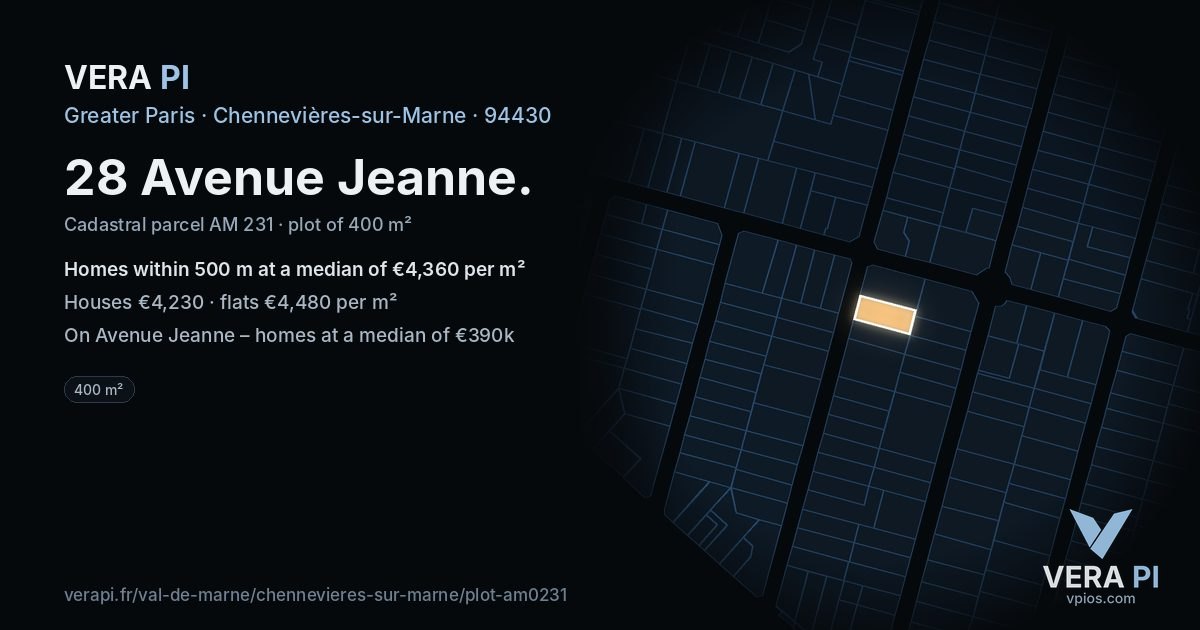 28 Avenue Jeanne, Chennevières-sur-Marne at night – the plot lit, the parcels around coloured by the prices near them