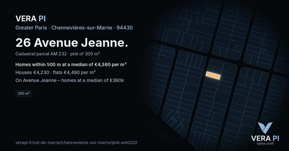 26 Avenue Jeanne, Chennevières-sur-Marne at night – the plot lit, the parcels around coloured by the prices near them