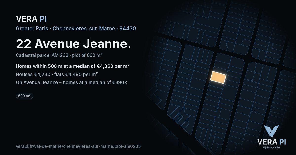 22 Avenue Jeanne, Chennevières-sur-Marne at night – the plot lit, the parcels around coloured by the prices near them