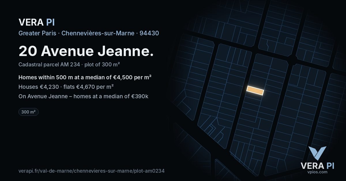 20 Avenue Jeanne, Chennevières-sur-Marne at night – the plot lit, the parcels around coloured by the prices near them