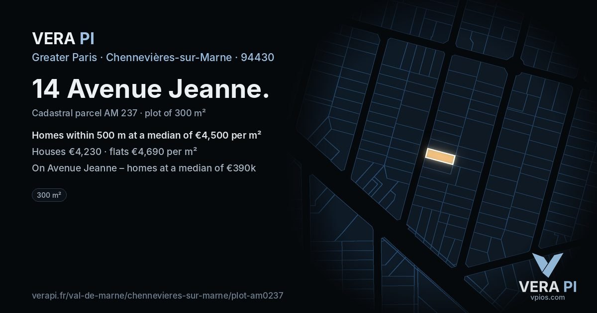 14 Avenue Jeanne, Chennevières-sur-Marne at night – the plot lit, the parcels around coloured by the prices near them