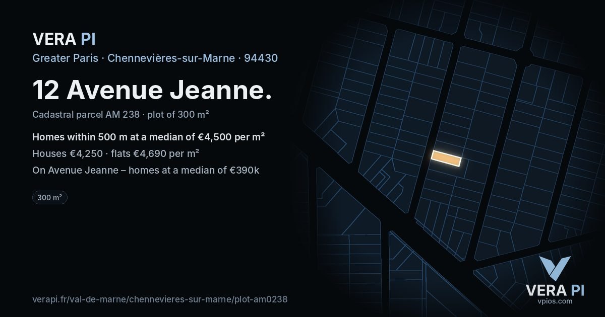 12 Avenue Jeanne, Chennevières-sur-Marne at night – the plot lit, the parcels around coloured by the prices near them