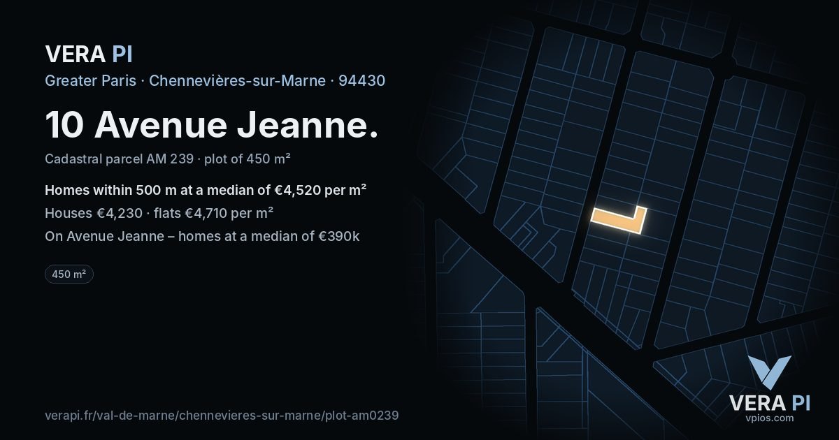 10 Avenue Jeanne, Chennevières-sur-Marne at night – the plot lit, the parcels around coloured by the prices near them