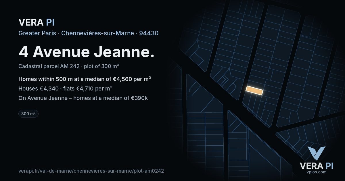 4 Avenue Jeanne, Chennevières-sur-Marne at night – the plot lit, the parcels around coloured by the prices near them