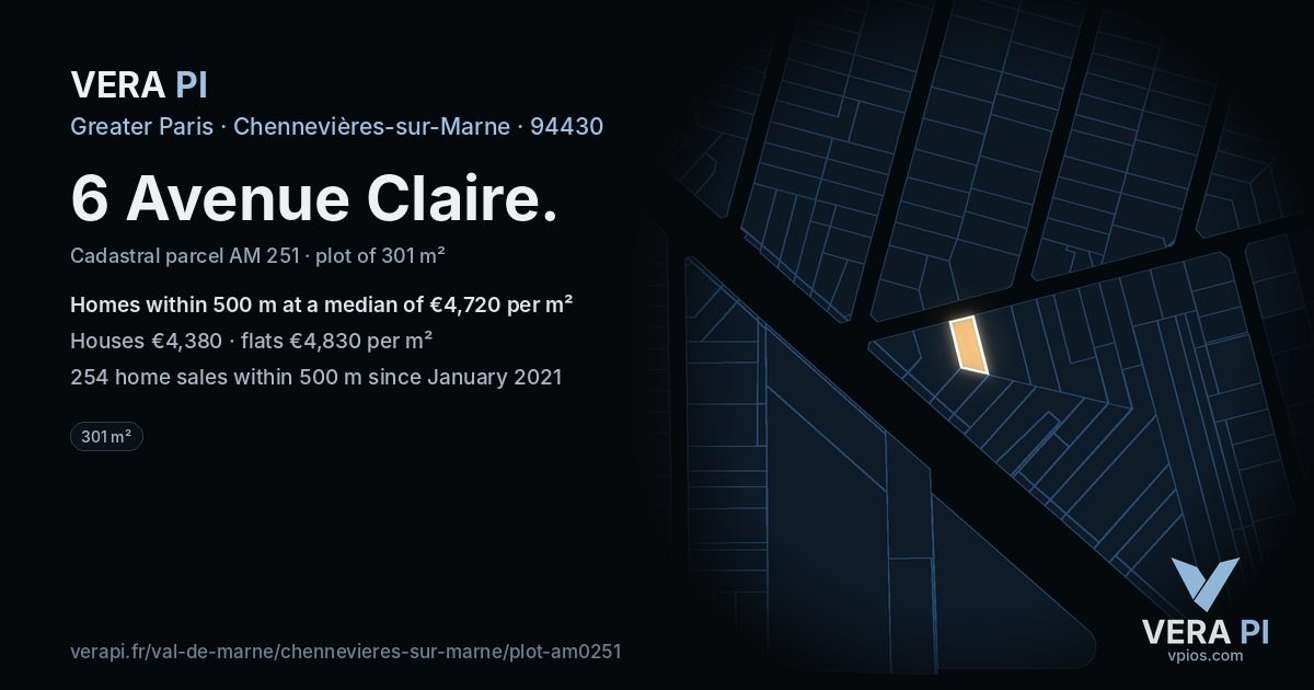 6 Avenue Claire, Chennevières-sur-Marne at night – the plot lit, the parcels around coloured by the prices near them
