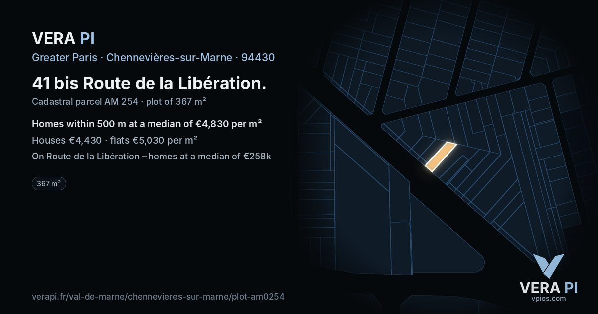 41 bis Route de la Libération, Chennevières-sur-Marne at night – the plot lit, the parcels around coloured by the prices near them