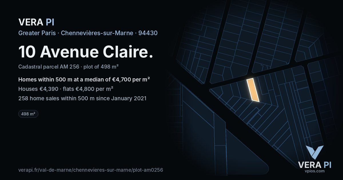 10 Avenue Claire, Chennevières-sur-Marne at night – the plot lit, the parcels around coloured by the prices near them