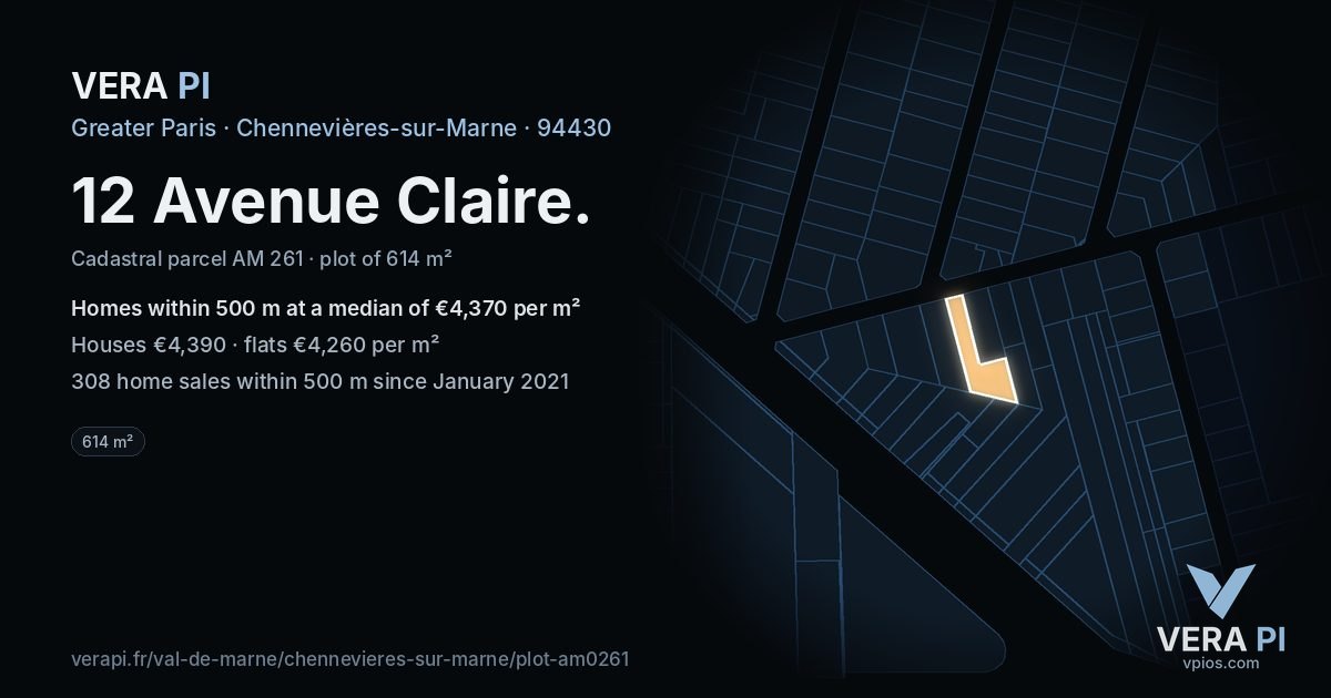 12 Avenue Claire, Chennevières-sur-Marne at night – the plot lit, the parcels around coloured by the prices near them