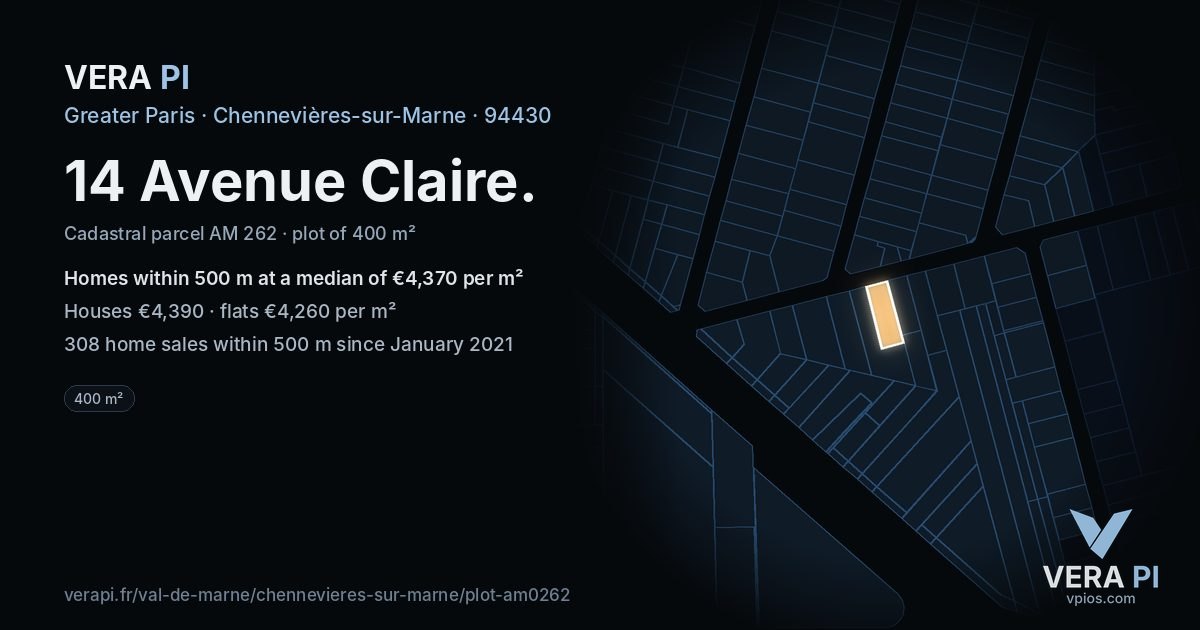 14 Avenue Claire, Chennevières-sur-Marne at night – the plot lit, the parcels around coloured by the prices near them