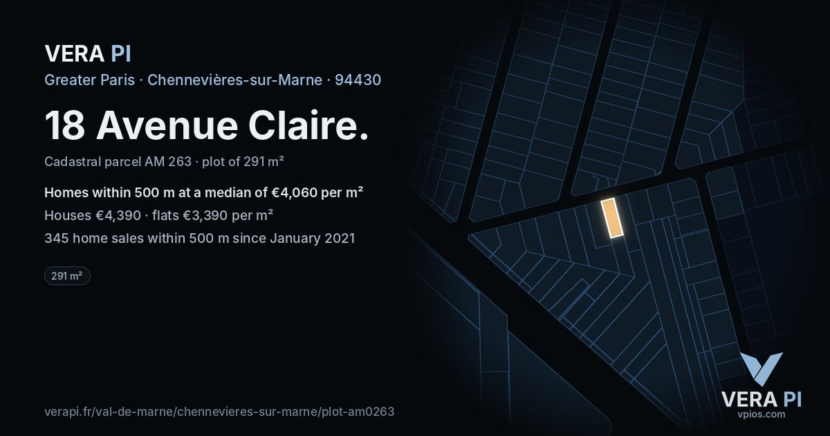 18 Avenue Claire, Chennevières-sur-Marne at night – the plot lit, the parcels around coloured by the prices near them