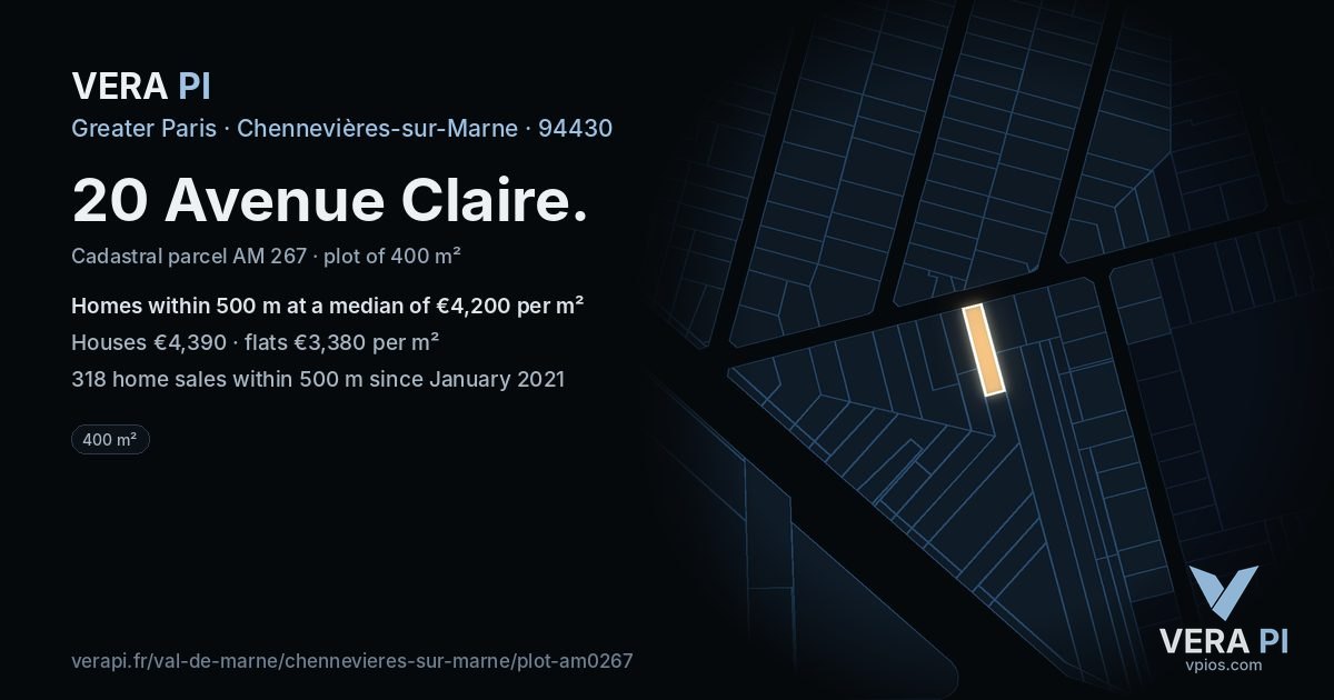 20 Avenue Claire, Chennevières-sur-Marne at night – the plot lit, the parcels around coloured by the prices near them