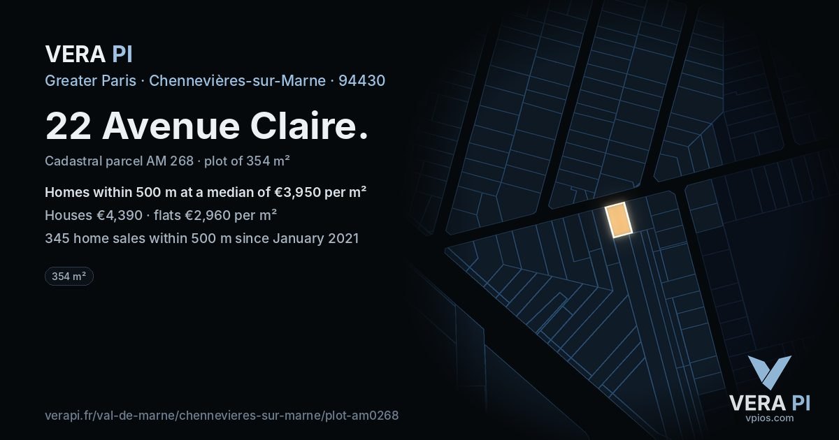 22 Avenue Claire, Chennevières-sur-Marne at night – the plot lit, the parcels around coloured by the prices near them