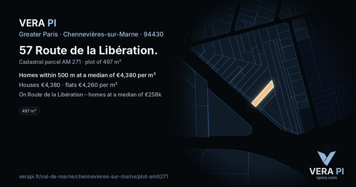 57 Route de la Libération, Chennevières-sur-Marne at night – the plot lit, the parcels around coloured by the prices near them
