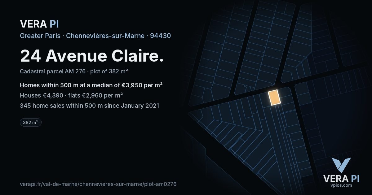 24 Avenue Claire, Chennevières-sur-Marne at night – the plot lit, the parcels around coloured by the prices near them