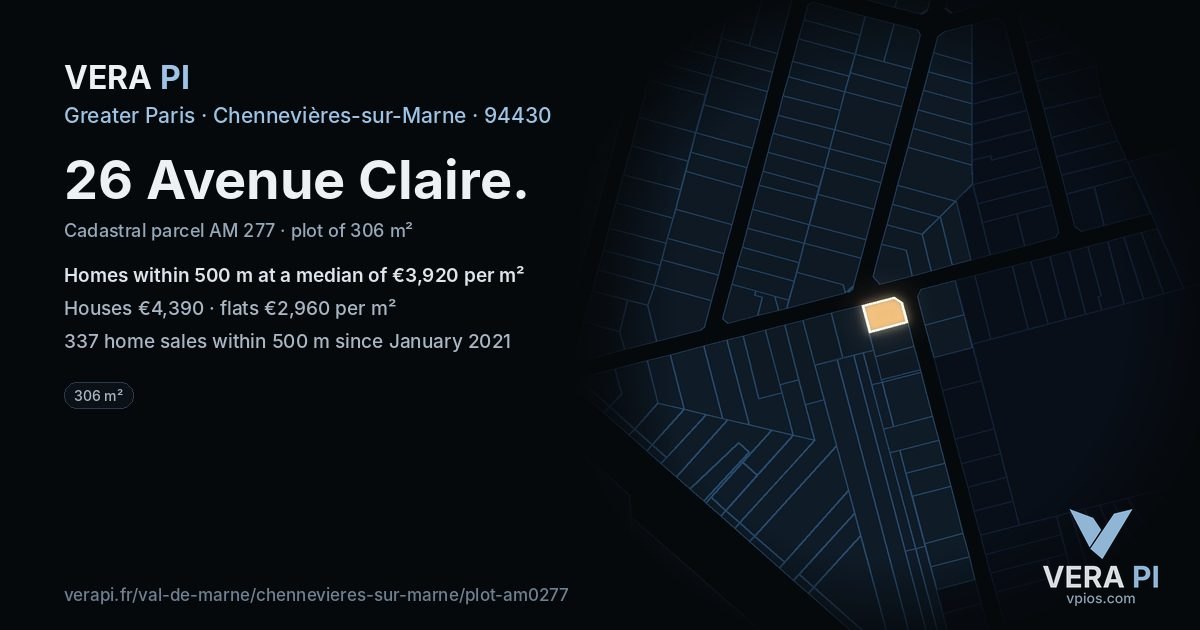 26 Avenue Claire, Chennevières-sur-Marne at night – the plot lit, the parcels around coloured by the prices near them