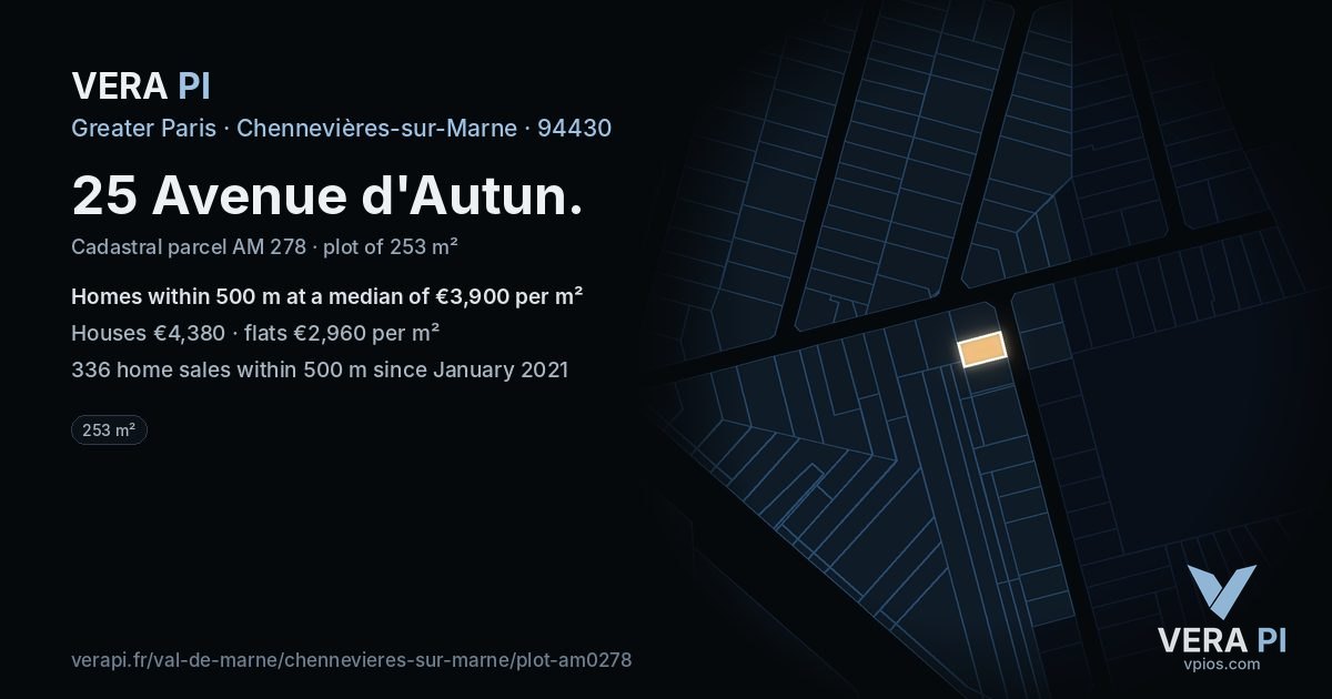 25 Avenue d'Autun, Chennevières-sur-Marne at night – the plot lit, the parcels around coloured by the prices near them