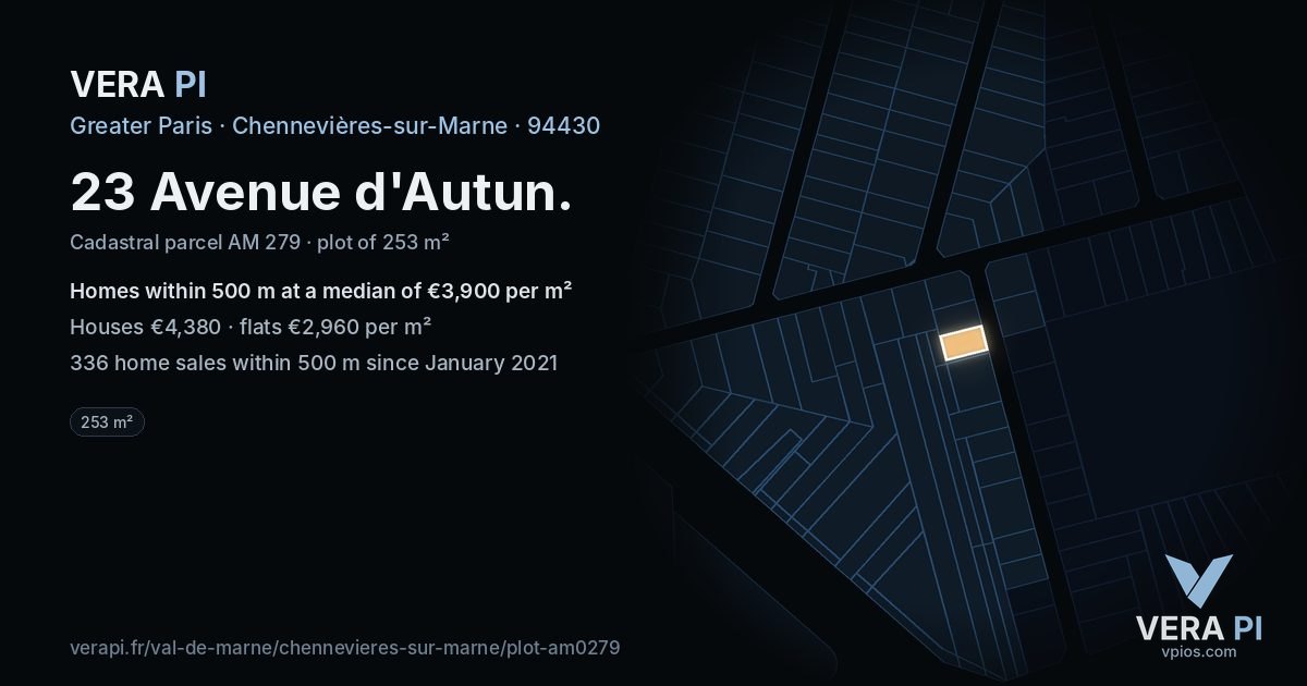 23 Avenue d'Autun, Chennevières-sur-Marne at night – the plot lit, the parcels around coloured by the prices near them