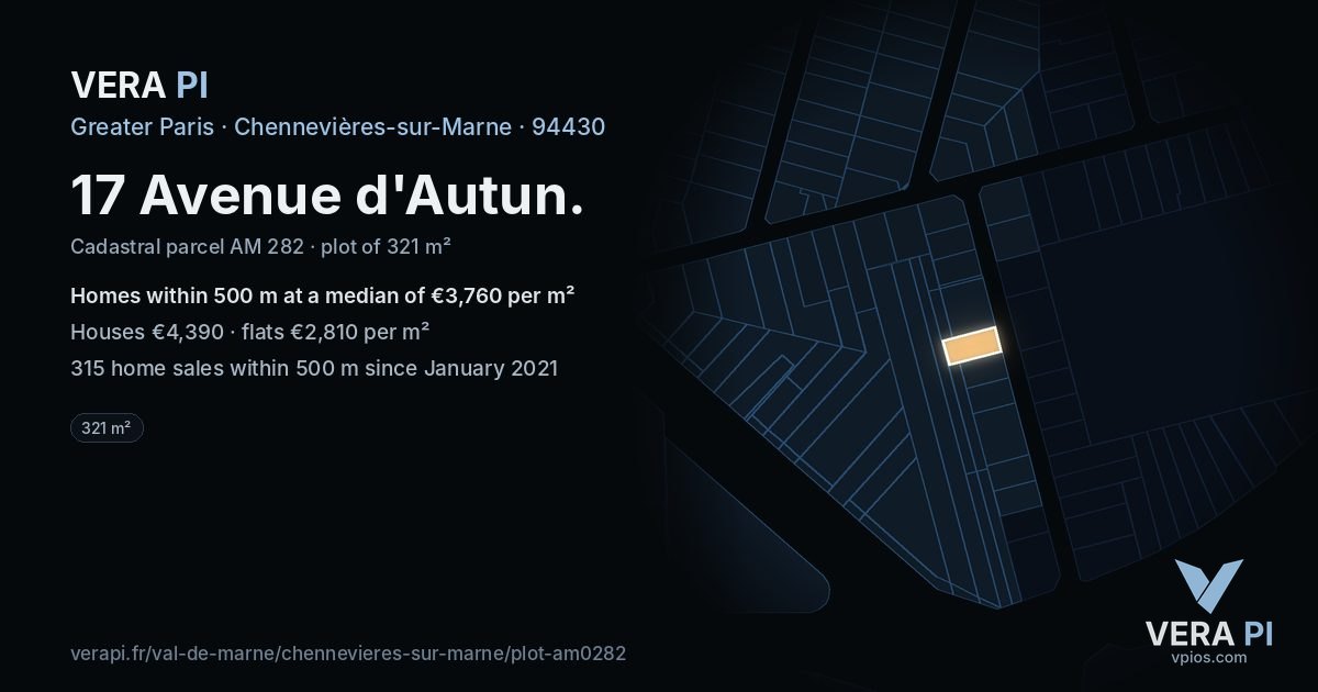 17 Avenue d'Autun, Chennevières-sur-Marne at night – the plot lit, the parcels around coloured by the prices near them
