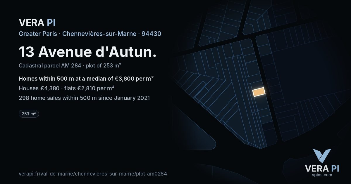 13 Avenue d'Autun, Chennevières-sur-Marne at night – the plot lit, the parcels around coloured by the prices near them