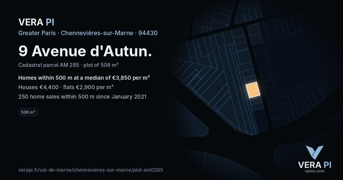 9 Avenue d'Autun, Chennevières-sur-Marne at night – the plot lit, the parcels around coloured by the prices near them