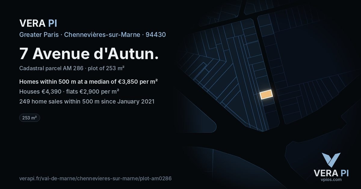 7 Avenue d'Autun, Chennevières-sur-Marne at night – the plot lit, the parcels around coloured by the prices near them