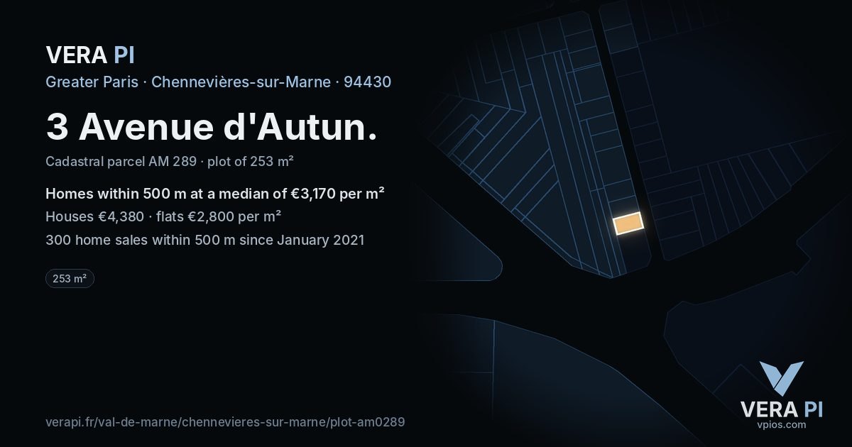 3 Avenue d'Autun, Chennevières-sur-Marne at night – the plot lit, the parcels around coloured by the prices near them