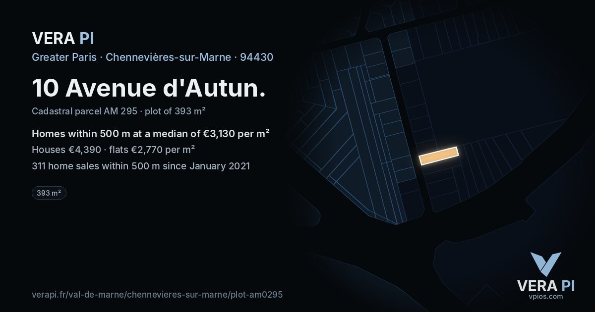 10 Avenue d'Autun, Chennevières-sur-Marne at night – the plot lit, the parcels around coloured by the prices near them