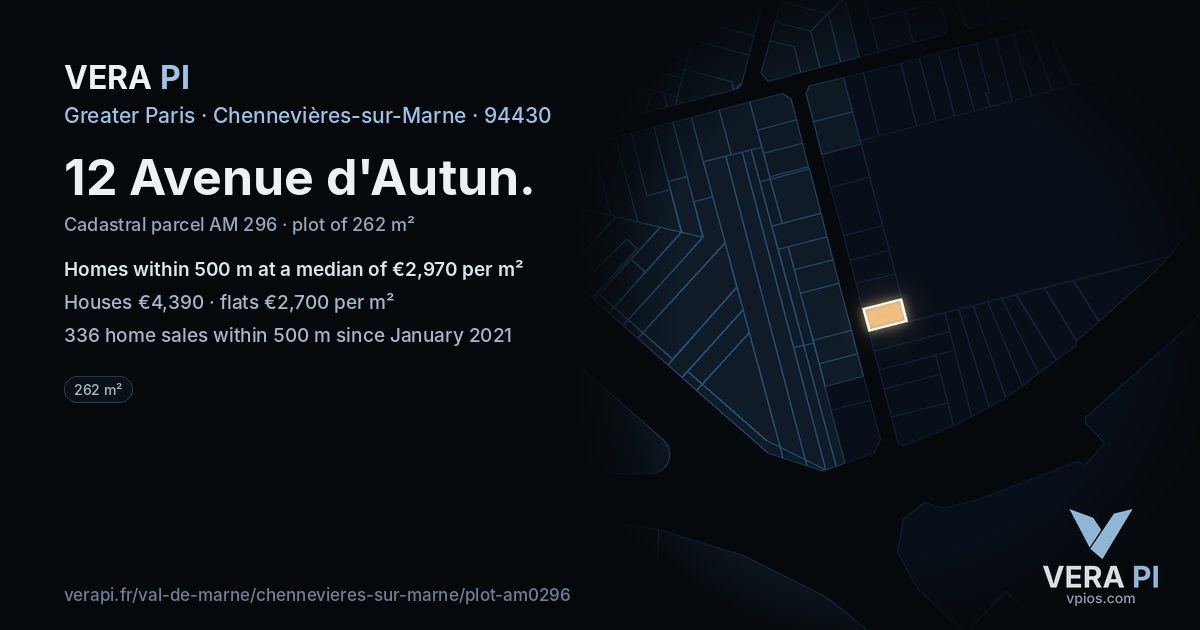 12 Avenue d'Autun, Chennevières-sur-Marne at night – the plot lit, the parcels around coloured by the prices near them